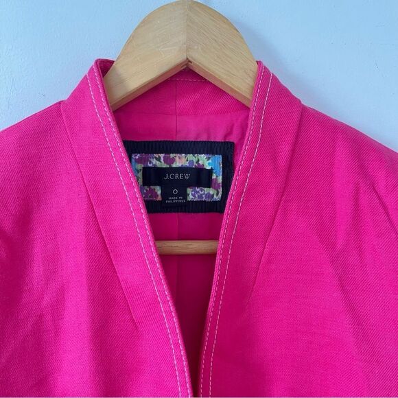 J.Crew NWOT Bright Pink Linen Blend Collarless Open Front‎ Tailored Blazer - Picture 6 of 8